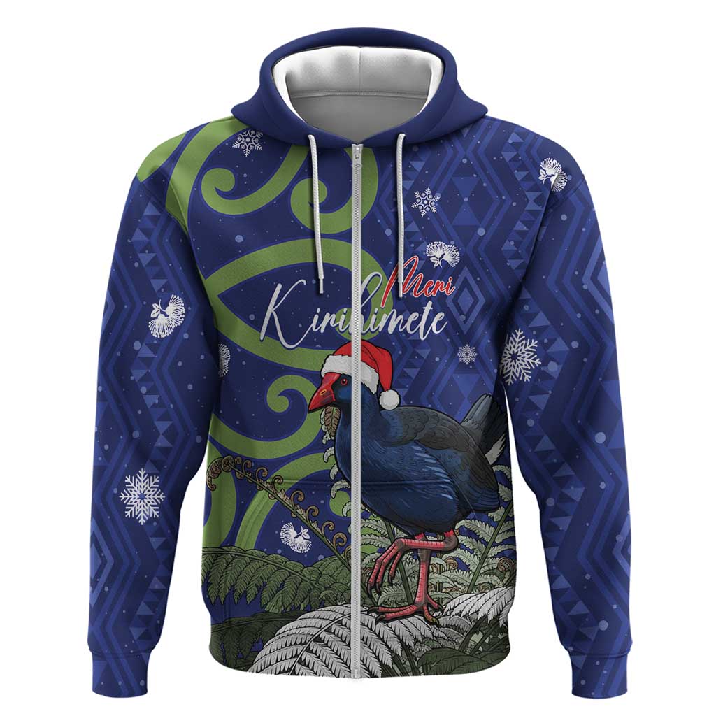 Personalized New Zealand Pukeko Christmas Zip Hoodie Meri Kirihimete Taniko Ponga Koru Blue LT14 Zip Hoodie Blue - Polynesian Pride