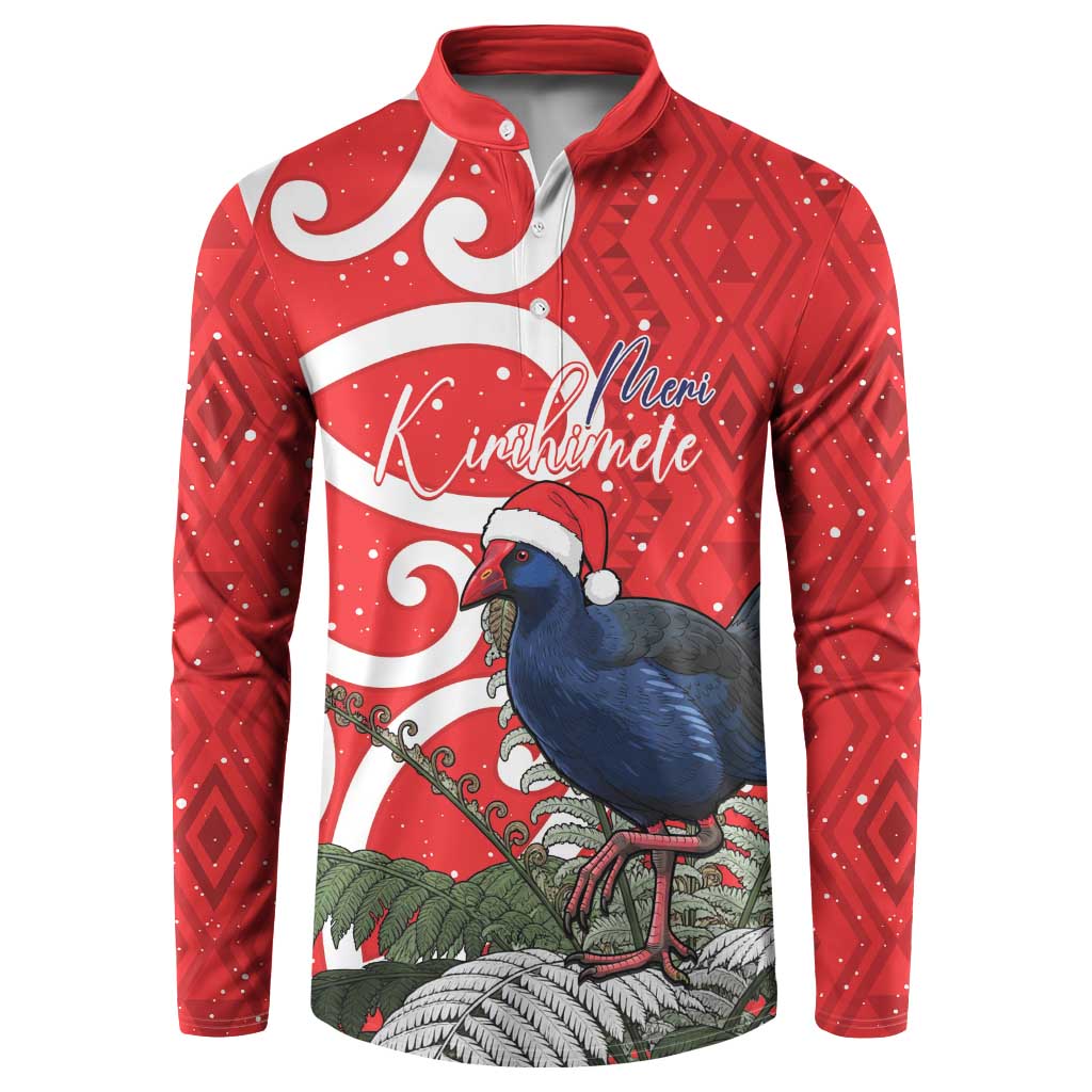 Personalized New Zealand Pukeko Christmas Button Sweatshirt Meri Kirihimete Taniko Ponga Koru Red LT14 Red - Polynesian Pride