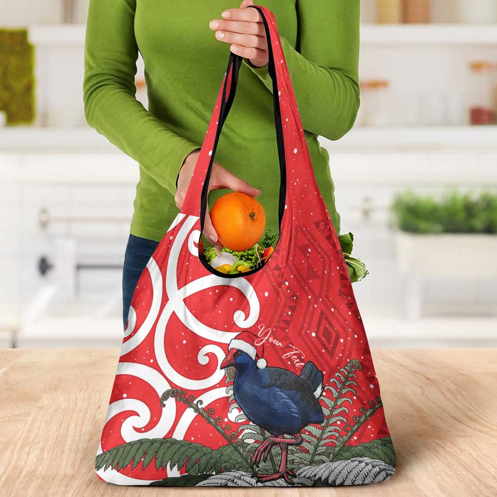 Personalized New Zealand Pukeko Christmas Grocery Bag Meri Kirihimete Taniko Ponga Koru Red LT14 - Polynesian Pride