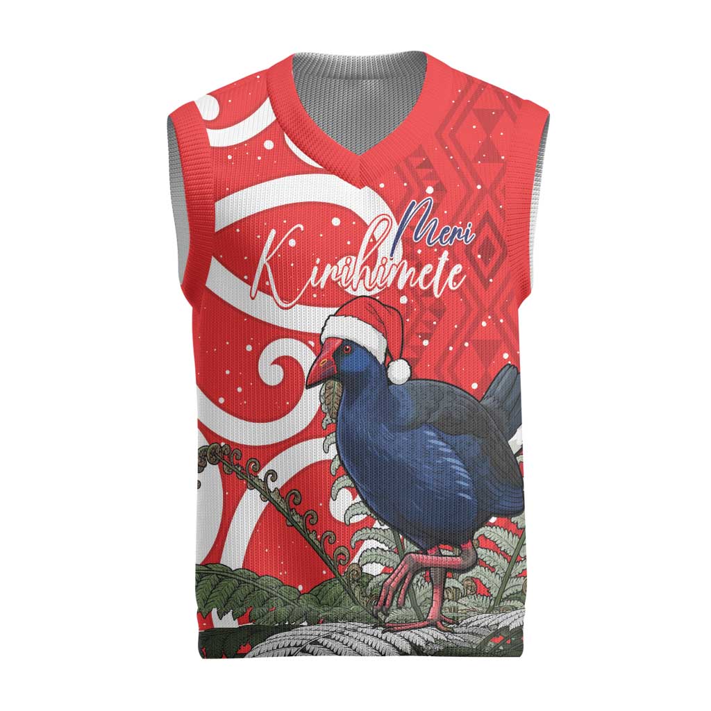 Personalized New Zealand Pukeko Christmas Knitted V-Neck Vest Meri Kirihimete Taniko Ponga Koru Red LT14 Red - Polynesian Pride