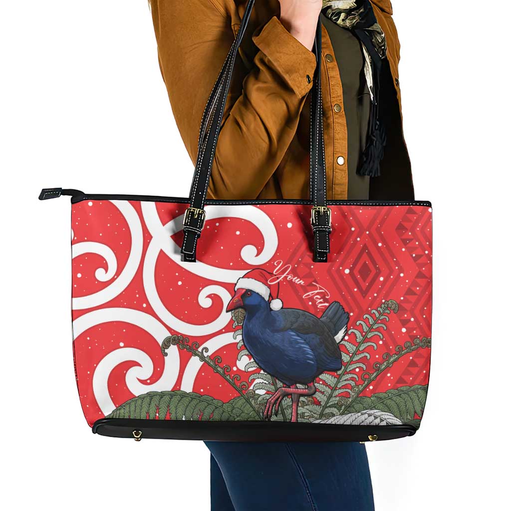 Personalized New Zealand Pukeko Christmas Leather Tote Bag Meri Kirihimete Taniko Ponga Koru Red LT14 - Polynesian Pride