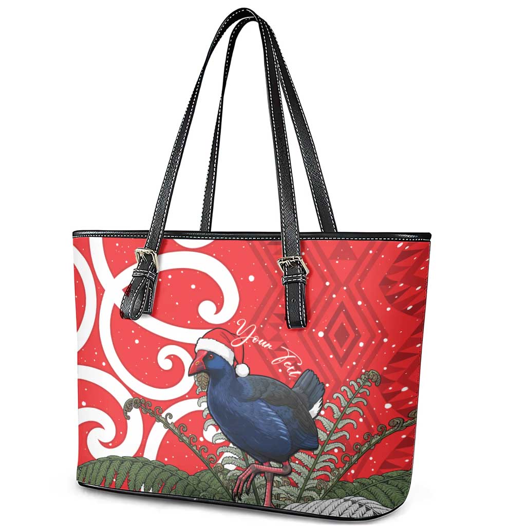 Personalized New Zealand Pukeko Christmas Leather Tote Bag Meri Kirihimete Taniko Ponga Koru Red LT14 - Polynesian Pride