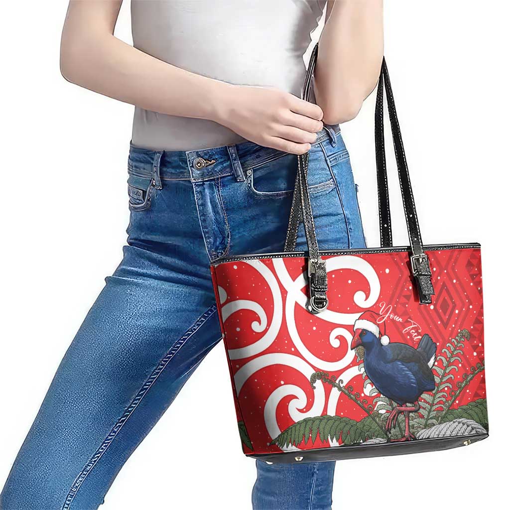 Personalized New Zealand Pukeko Christmas Leather Tote Bag Meri Kirihimete Taniko Ponga Koru Red LT14 - Polynesian Pride
