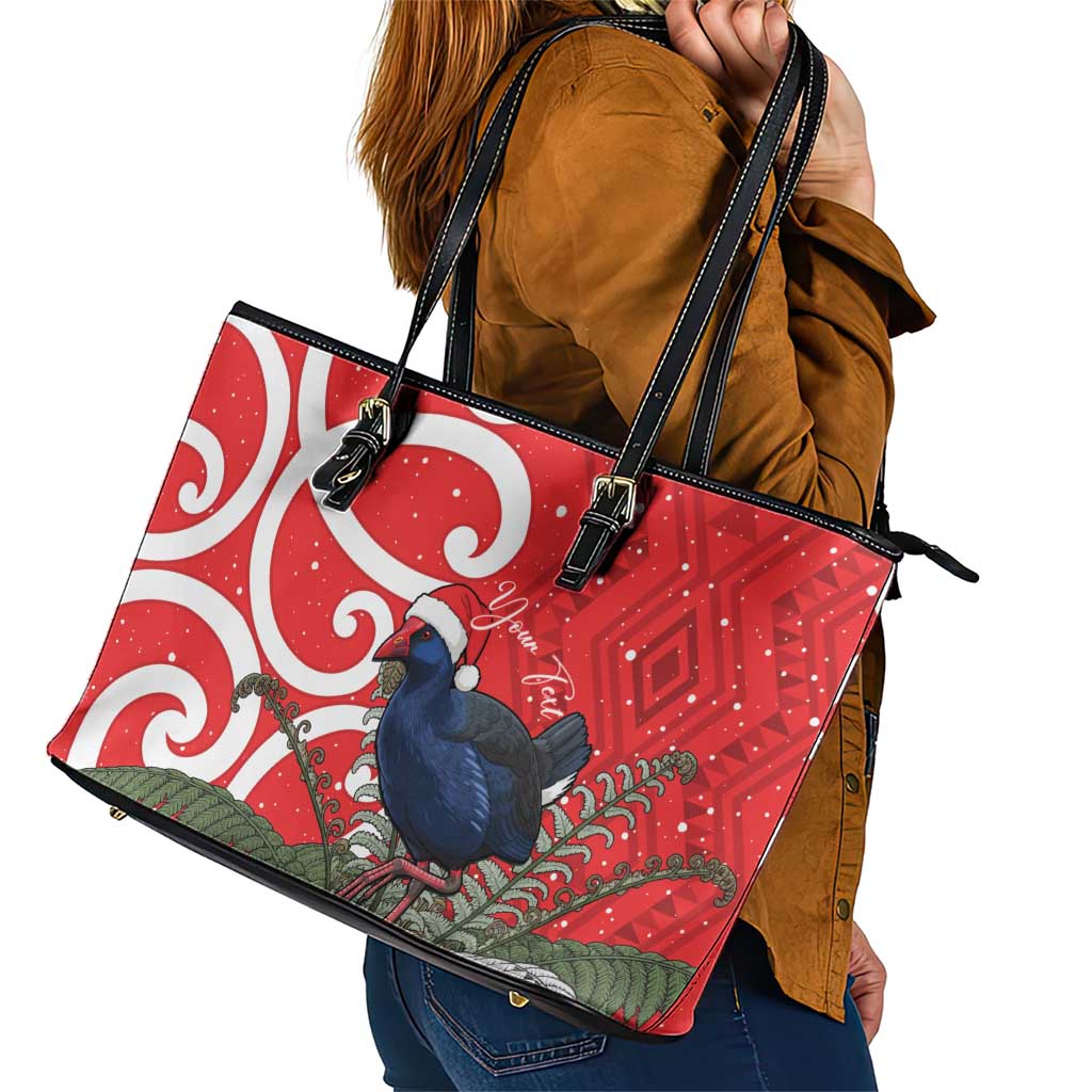 Personalized New Zealand Pukeko Christmas Leather Tote Bag Meri Kirihimete Taniko Ponga Koru Red LT14 - Polynesian Pride