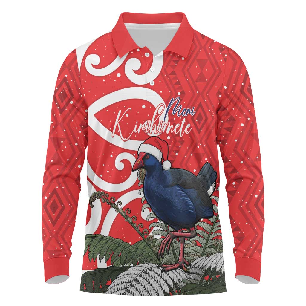 Personalized New Zealand Pukeko Christmas Long Sleeve Polo Shirt Meri Kirihimete Taniko Ponga Koru Red LT14 Red - Polynesian Pride