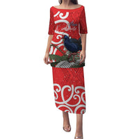 Personalized New Zealand Pukeko Christmas Puletasi Meri Kirihimete Taniko Ponga Koru Red LT14 Long Dress Red - Polynesian Pride