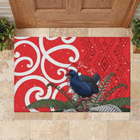 Personalized New Zealand Pukeko Christmas Rubber Doormat Meri Kirihimete Taniko Ponga Koru Red LT14 Red - Polynesian Pride