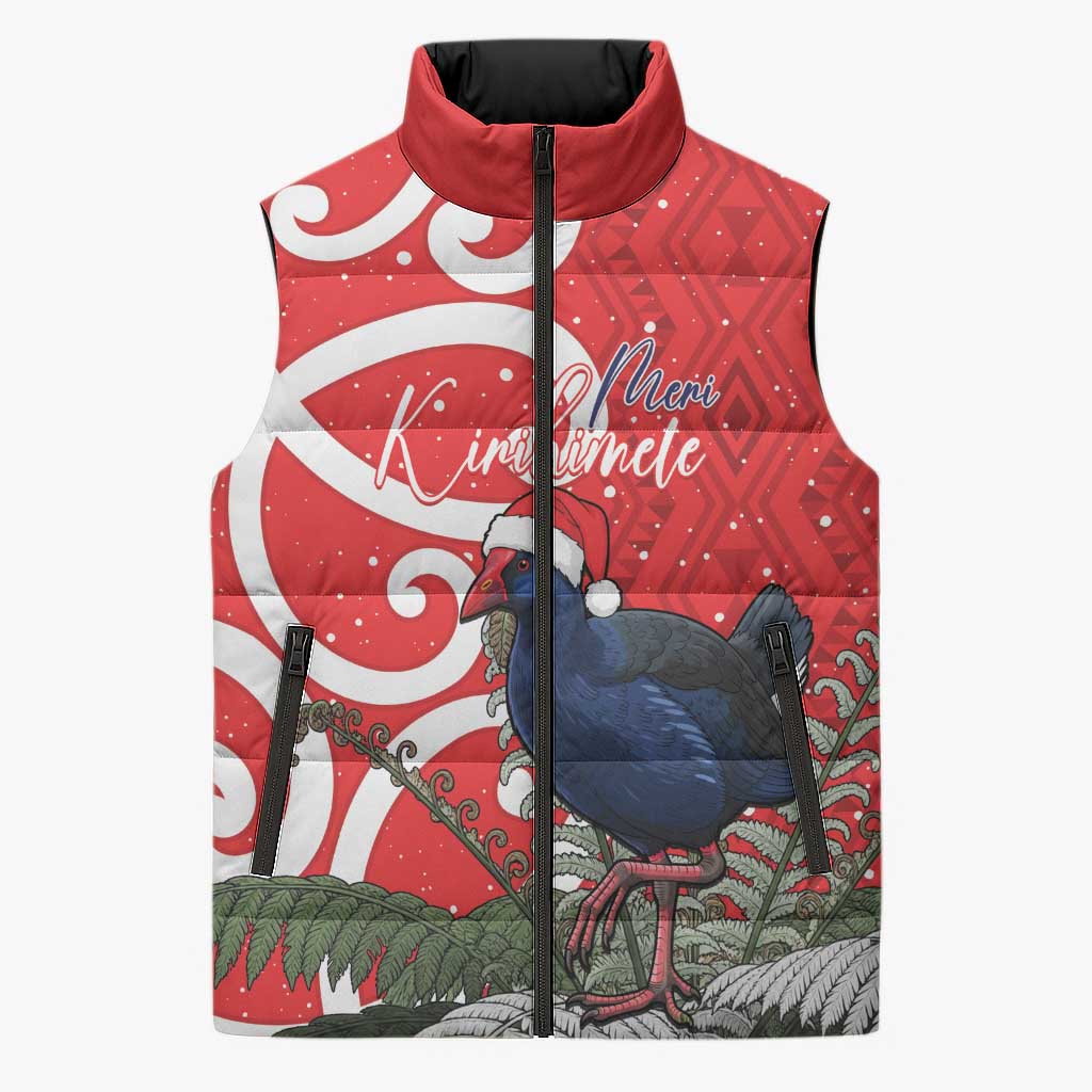 Personalized New Zealand Pukeko Christmas Sleeveless Puffer Jacket Meri Kirihimete Taniko Ponga Koru Red LT14 Unisex Red - Polynesian Pride
