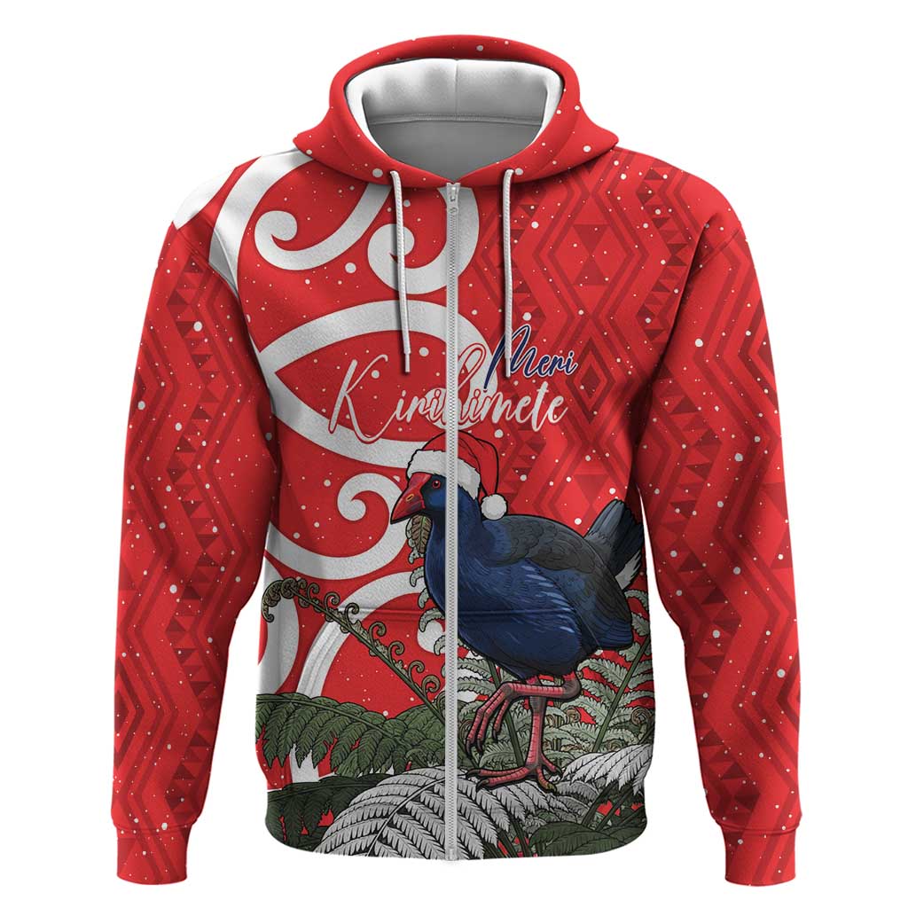 Personalized New Zealand Pukeko Christmas Zip Hoodie Meri Kirihimete Taniko Ponga Koru Red LT14 Zip Hoodie Red - Polynesian Pride