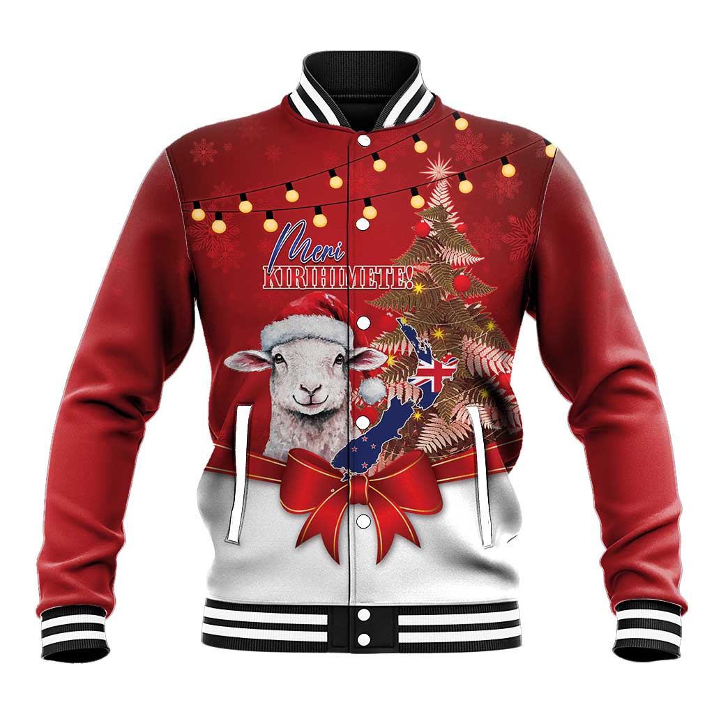Personalized New Zealand Sheep Christmas Baseball Jacket Hipi Meri Kirihimete Silver Fern Xmas Tree LT14 Unisex Red - Polynesian Pride