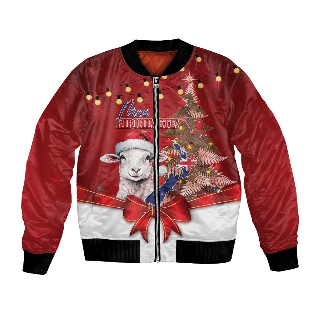 Personalized New Zealand Sheep Christmas Bomber Jacket Hipi Meri Kirihimete Silver Fern Xmas Tree LT14 Unisex Red - Polynesian Pride