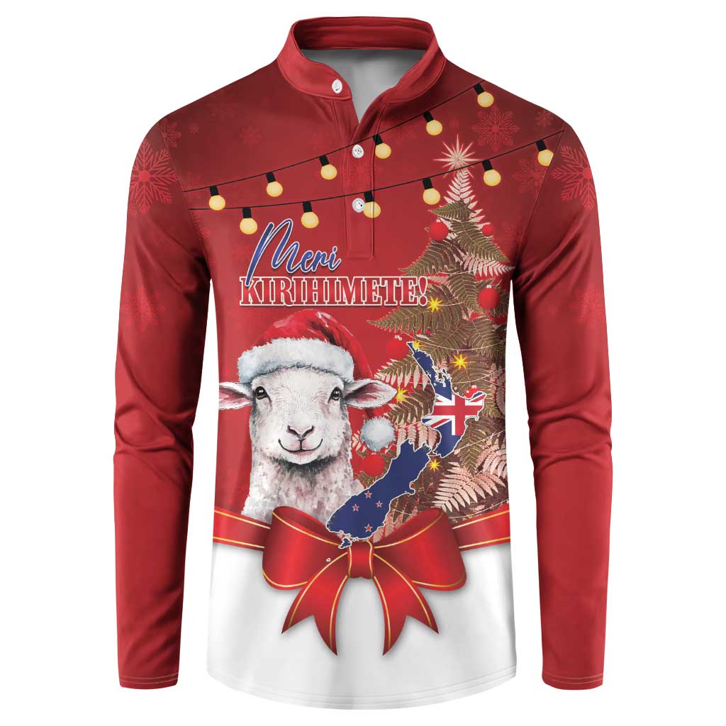 Personalized New Zealand Sheep Christmas Button Sweatshirt Hipi Meri Kirihimete Silver Fern Xmas Tree LT14 Red - Polynesian Pride