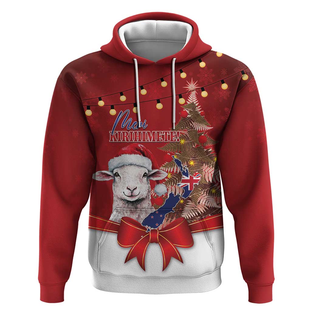 Personalized New Zealand Sheep Christmas Hoodie Hipi Meri Kirihimete Silver Fern Xmas Tree LT14 Pullover Hoodie Red - Polynesian Pride