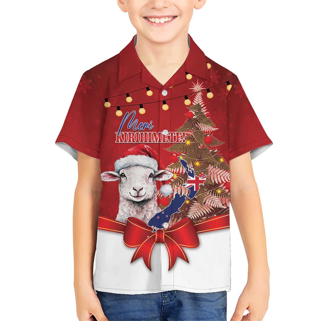 Personalized New Zealand Sheep Christmas Kid Hawaiian Shirt Hipi Meri Kirihimete Silver Fern Xmas Tree LT14 Kid Red - Polynesian Pride