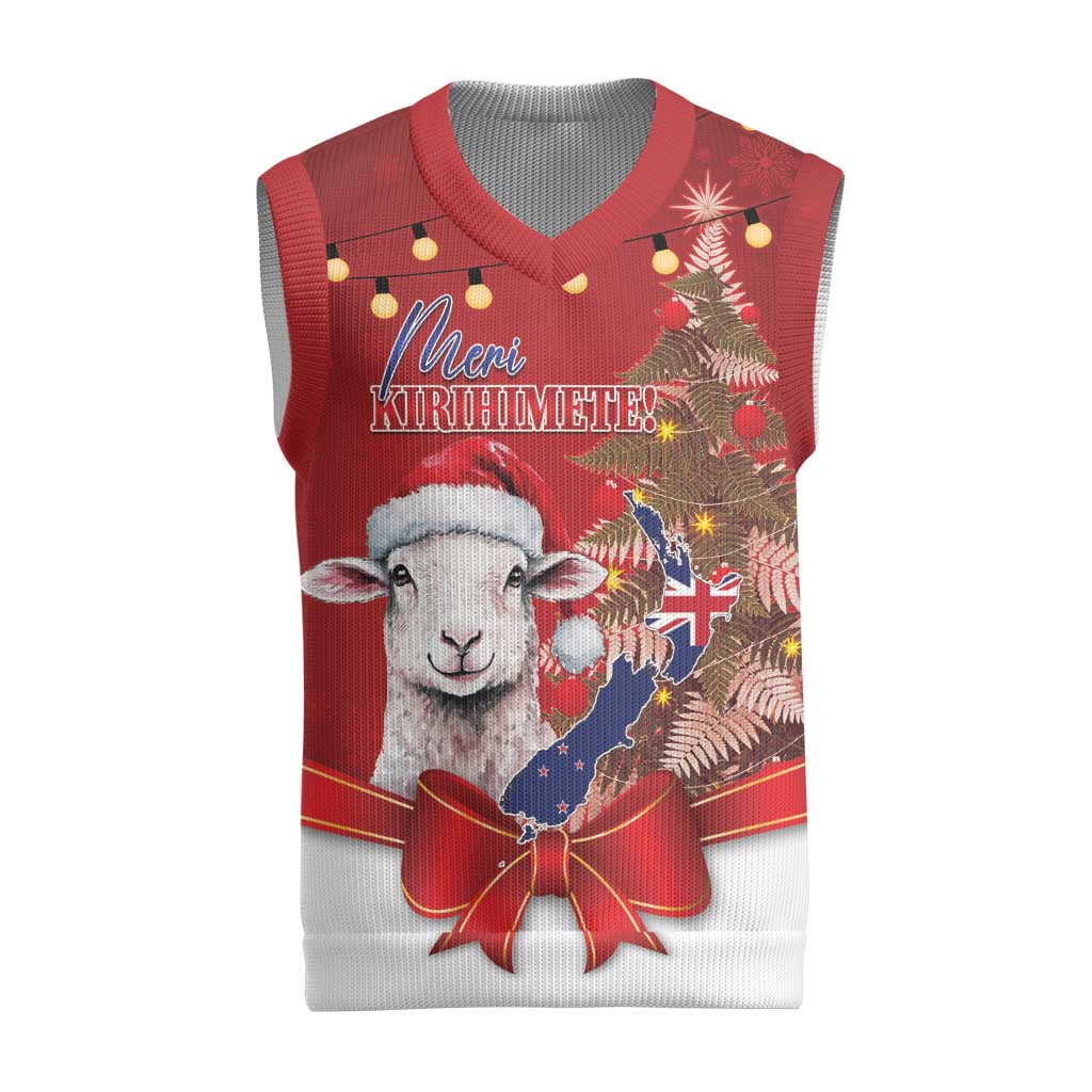Personalized New Zealand Sheep Christmas Knitted V-Neck Vest Hipi Meri Kirihimete Silver Fern Xmas Tree LT14 Red - Polynesian Pride