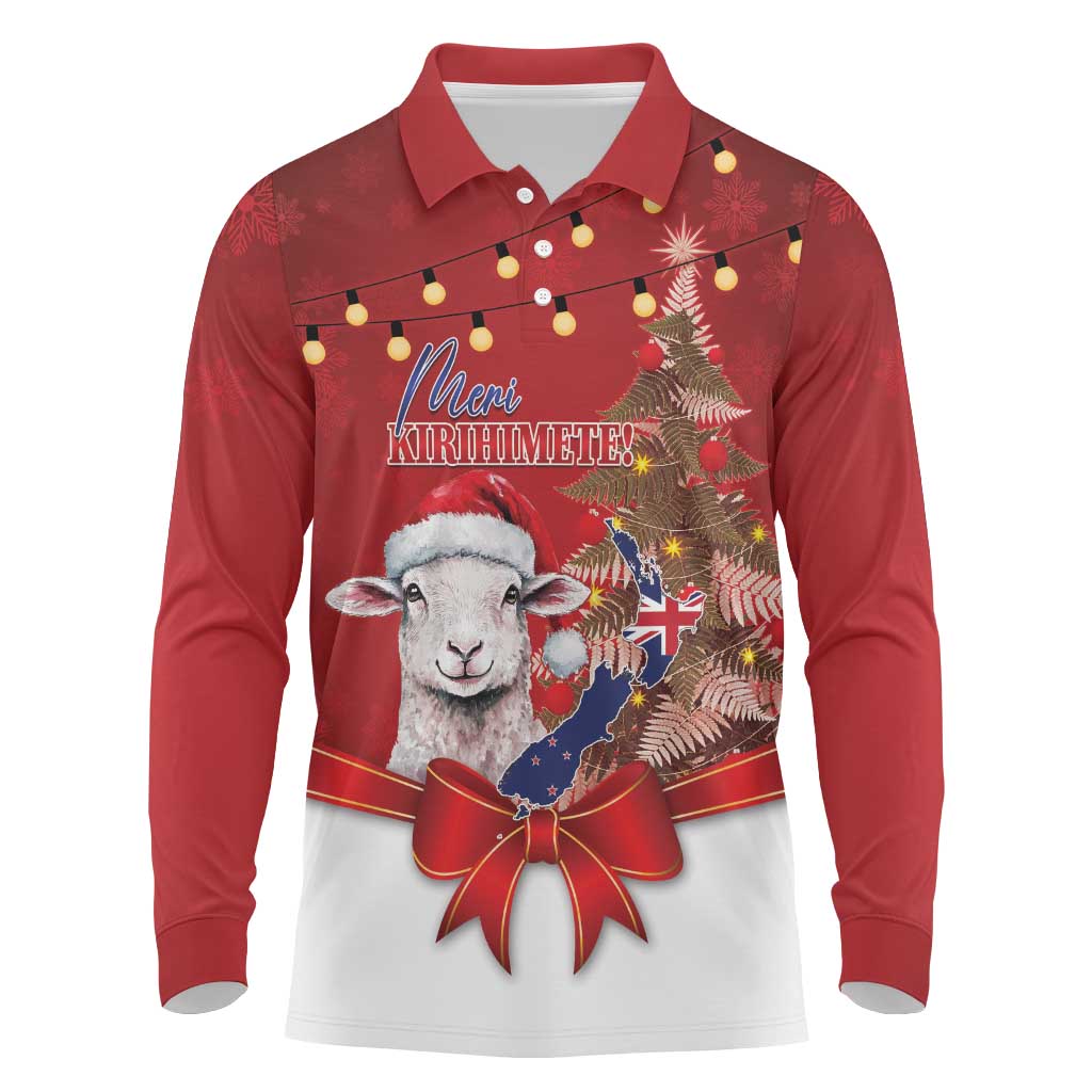 Personalized New Zealand Sheep Christmas Long Sleeve Polo Shirt Hipi Meri Kirihimete Silver Fern Xmas Tree LT14 Red - Polynesian Pride