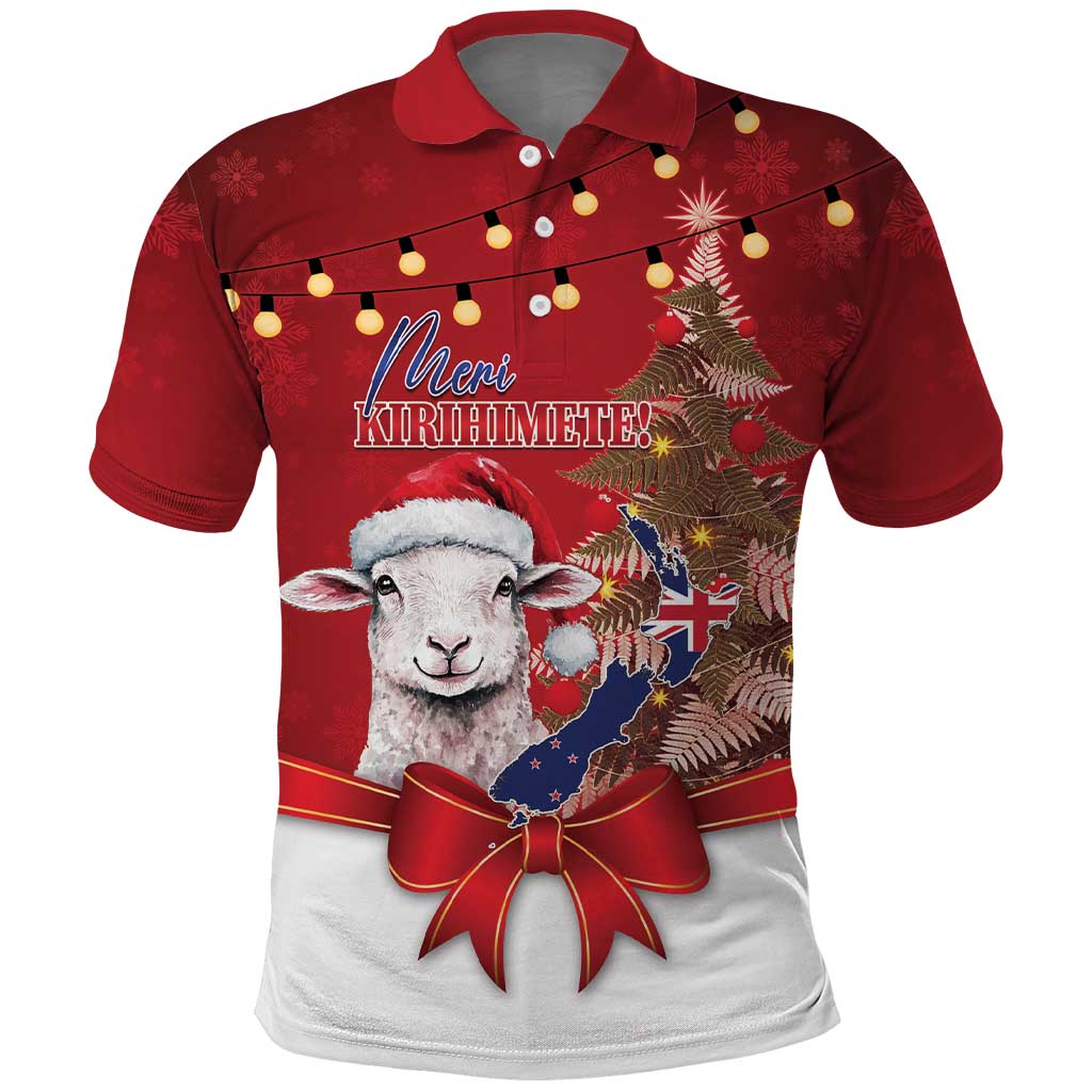 Personalized New Zealand Sheep Christmas Polo Shirt Hipi Meri Kirihimete Silver Fern Xmas Tree LT14 Red - Polynesian Pride