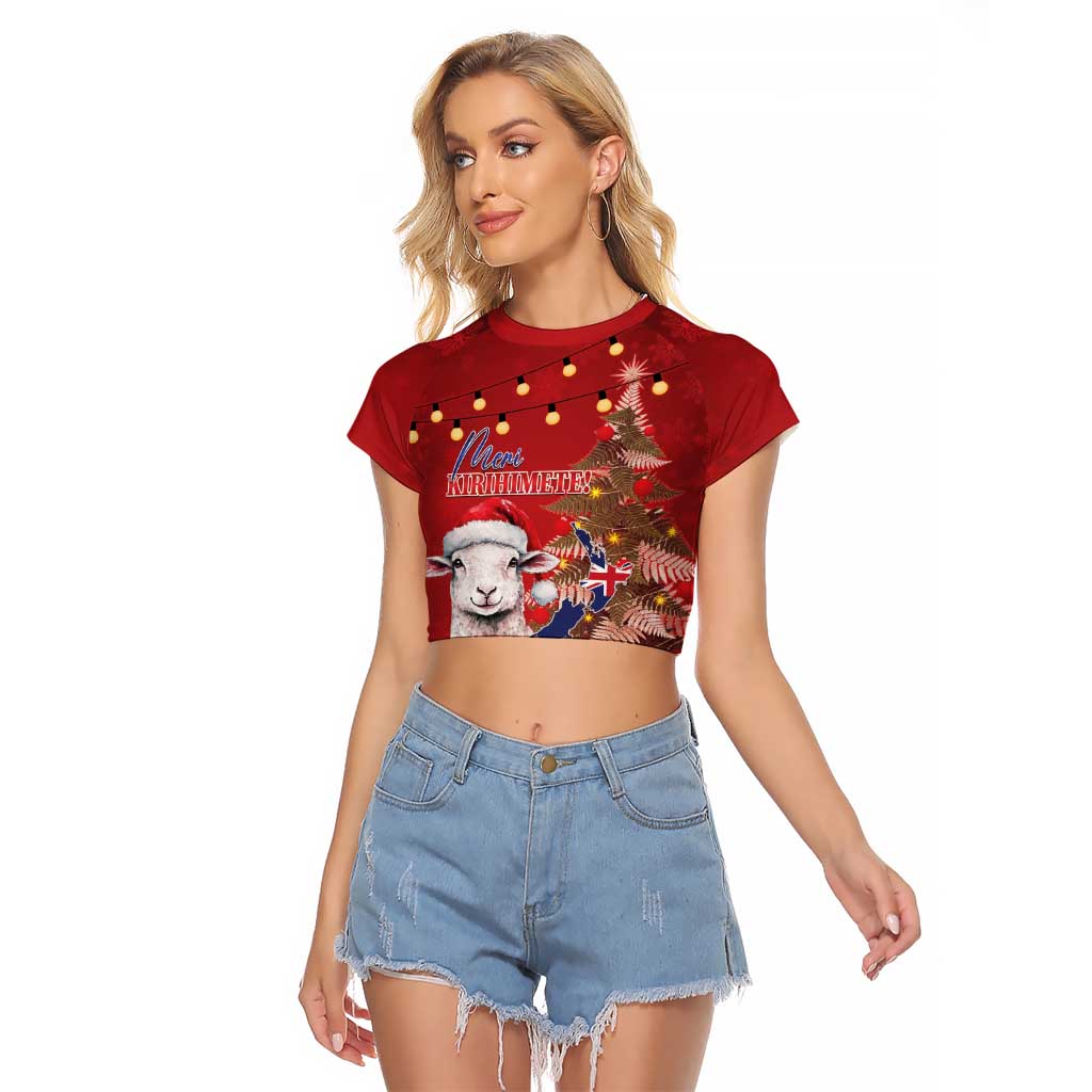 Personalized New Zealand Sheep Christmas Raglan Cropped T Shirt Hipi Meri Kirihimete Silver Fern Xmas Tree LT14 Female Red - Polynesian Pride
