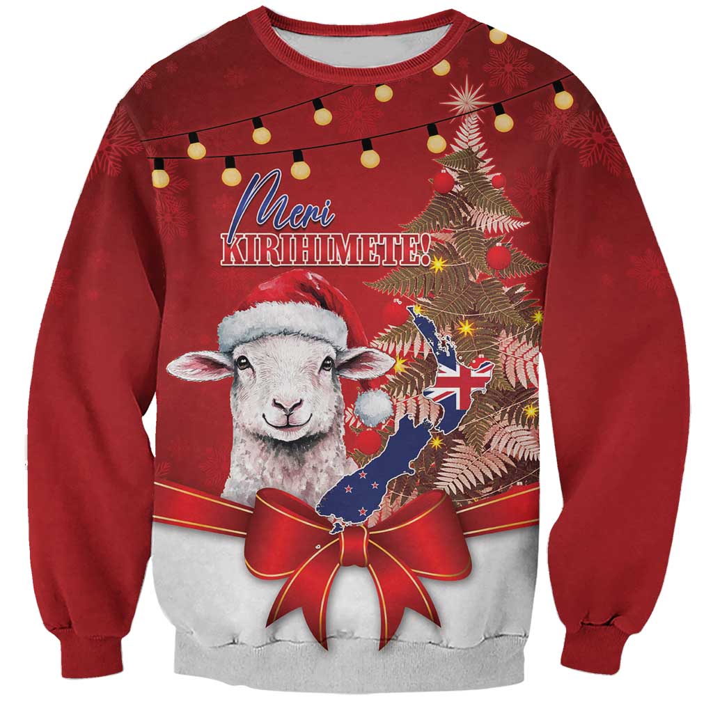Personalized New Zealand Sheep Christmas Sweatshirt Hipi Meri Kirihimete Silver Fern Xmas Tree LT14 Unisex Red - Polynesian Pride