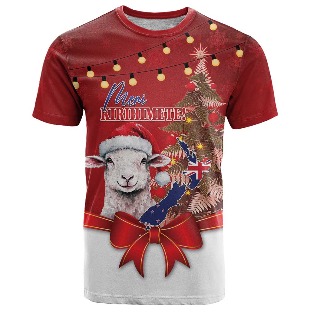 Personalized New Zealand Sheep Christmas T Shirt Hipi Meri Kirihimete Silver Fern Xmas Tree LT14 Red - Polynesian Pride