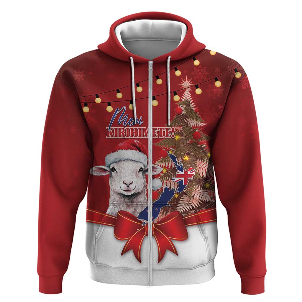 Personalized New Zealand Sheep Christmas Zip Hoodie Hipi Meri Kirihimete Silver Fern Xmas Tree LT14 Zip Hoodie Red - Polynesian Pride