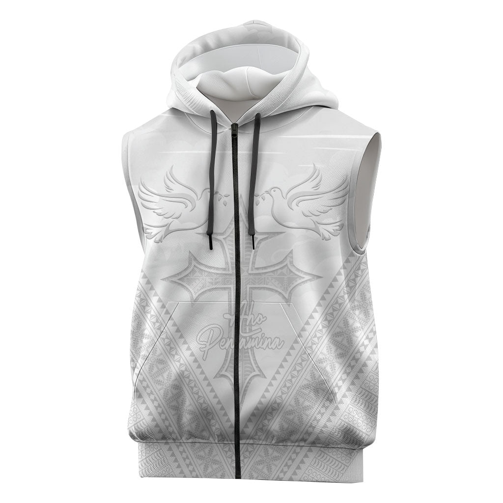 Peniamina Gospel Day Niue Sleeveless Zip Hoodie Cross Dove Hiapo Pattern White LT14 White - Polynesian Pride