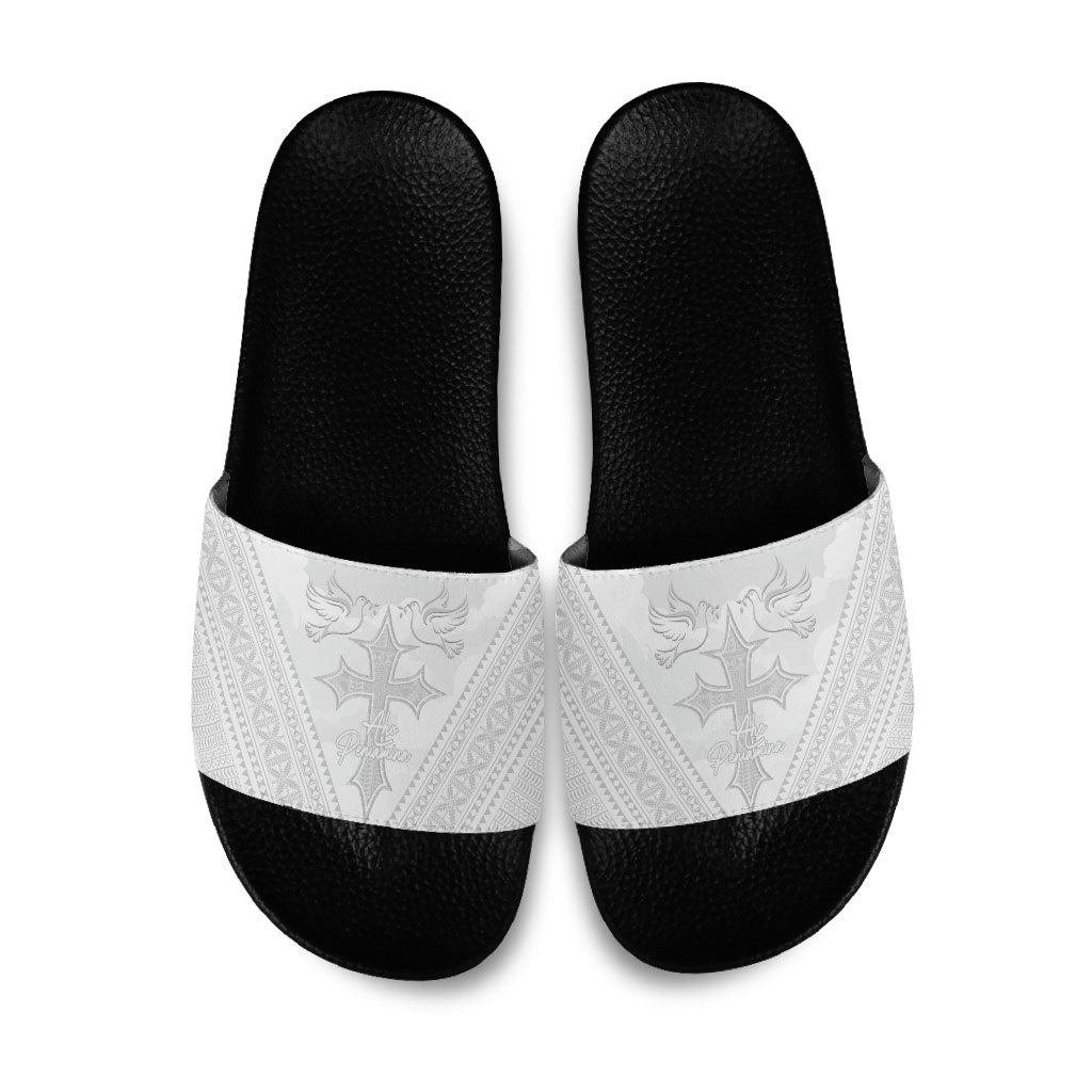 Peniamina Gospel Day Niue Slide Sandals Cross Dove Hiapo Pattern White LT14 White - Polynesian Pride