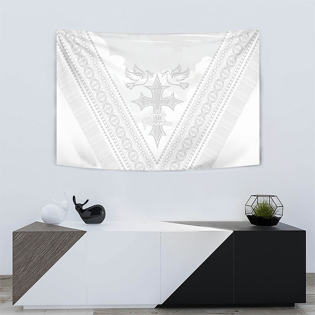 Peniamina Gospel Day Niue Tapestry Cross Dove Hiapo Pattern White LT14 - Polynesian Pride