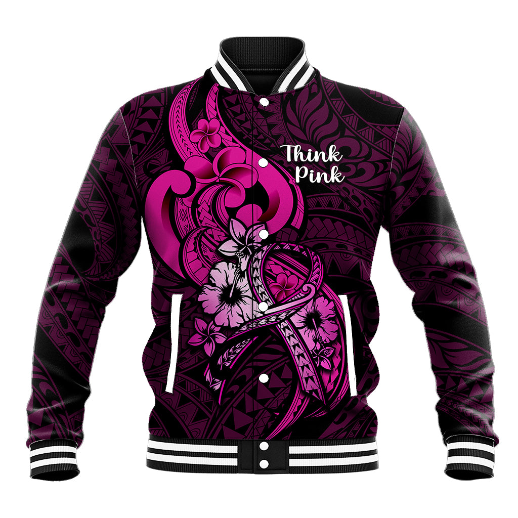 Polynesia Breast Cancer Awareness Baseball Jacket Think Pink Polynesian Ribbon Black Version LT14 Unisex Pink - Polynesian Pride