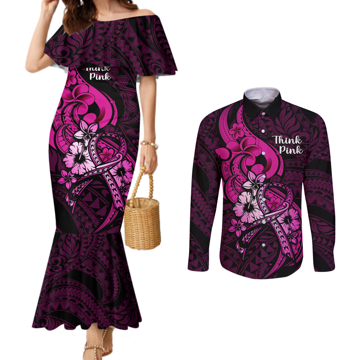 polynesia-breast-cancer-awareness-couples-matching-mermaid-dress-and-long-sleeve-button-shirts-think-pink-polynesian-ribbon-black-version