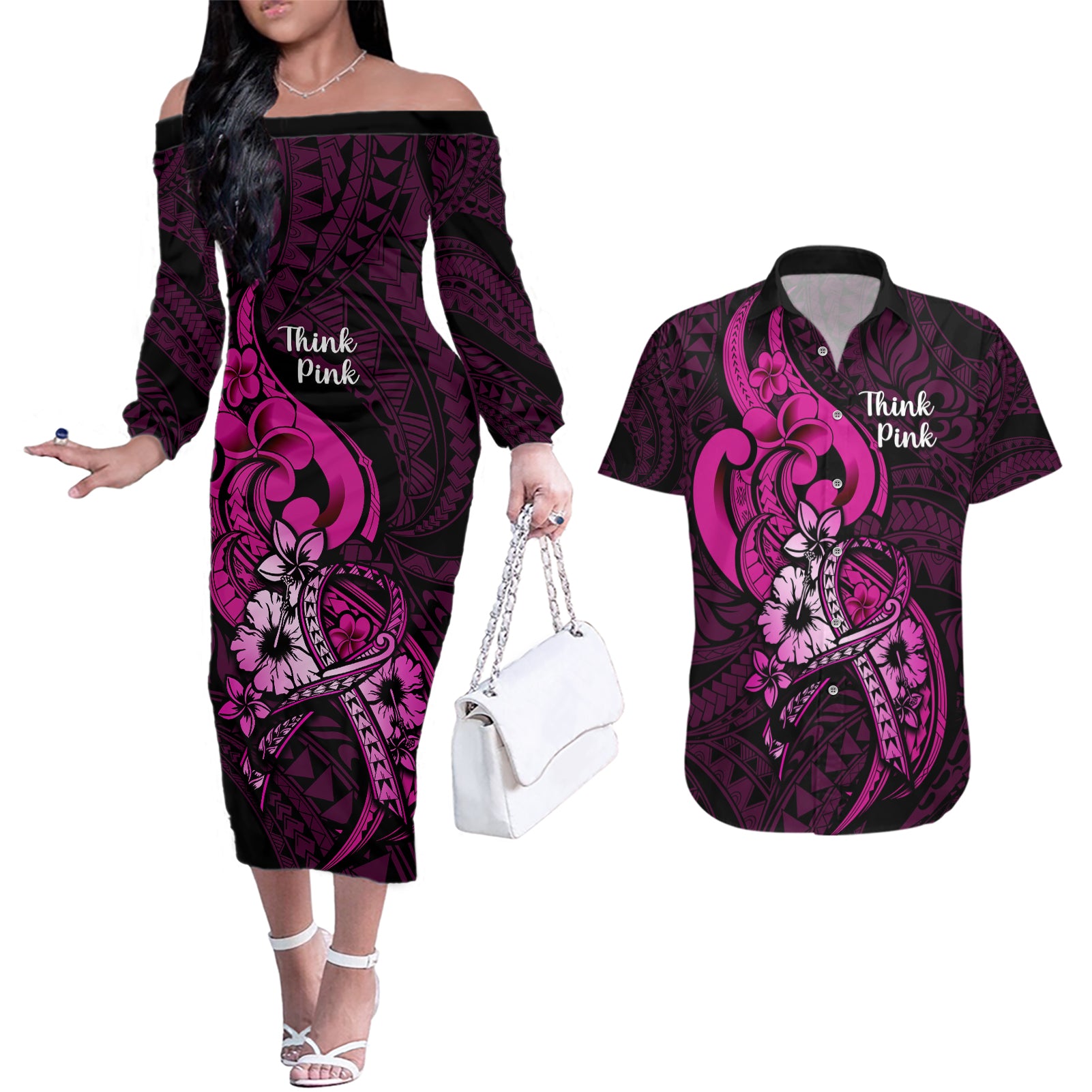 polynesia-breast-cancer-awareness-couples-matching-off-the-shoulder-long-sleeve-dress-and-hawaiian-shirt-think-pink-polynesian-ribbon-black-version