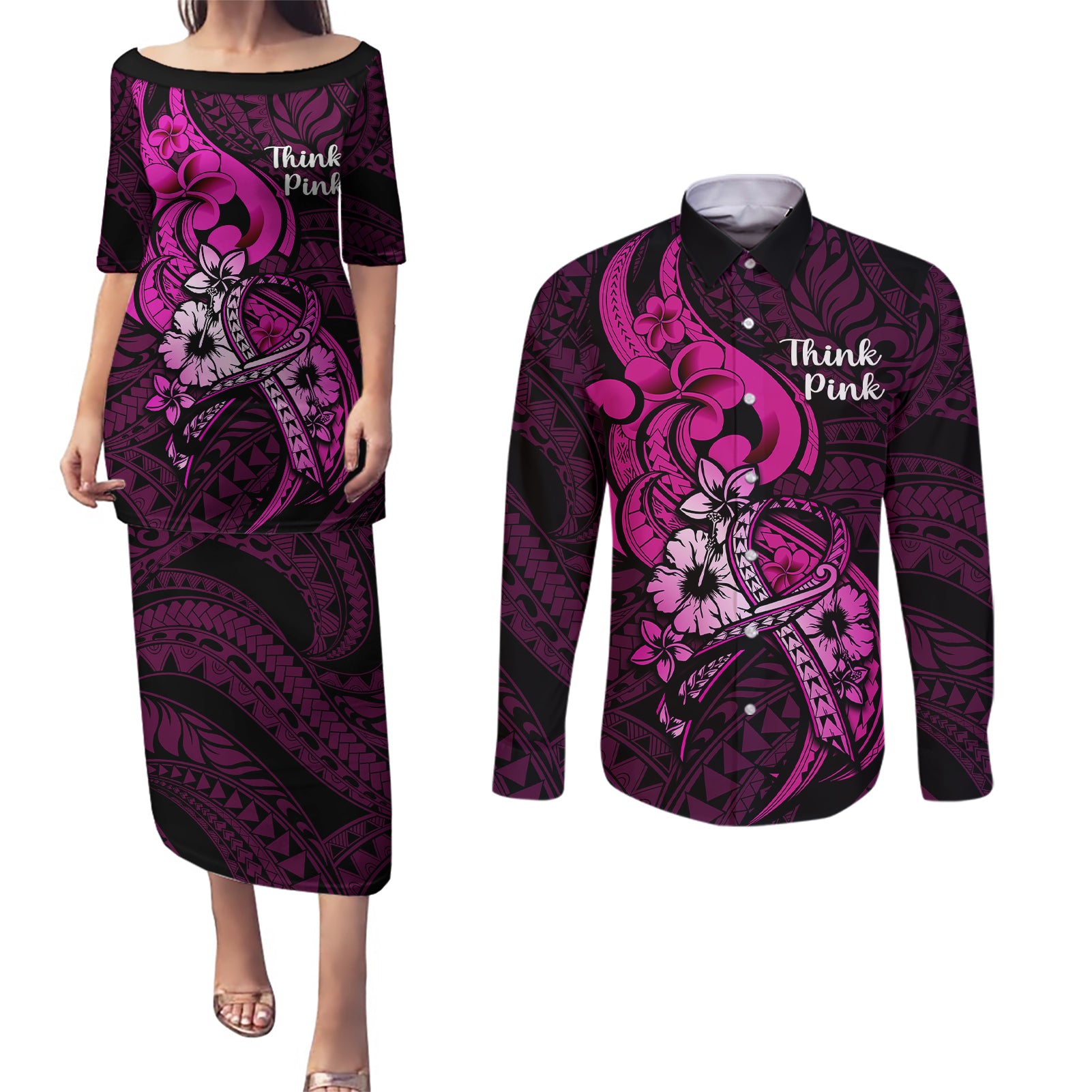 polynesia-breast-cancer-awareness-couples-matching-puletasi-dress-and-long-sleeve-button-shirts-think-pink-polynesian-ribbon-black-version