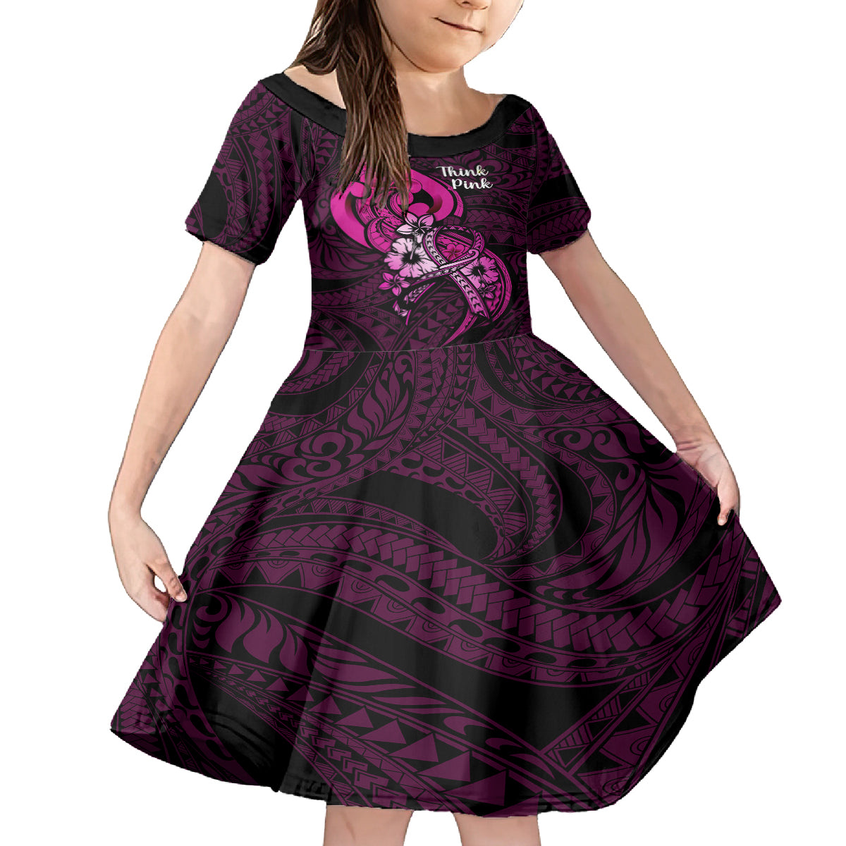 Polynesia Breast Cancer Awareness Kid Short Sleeve Dress Think Pink Polynesian Ribbon Black Version LT14 KID Pink - Polynesian Pride