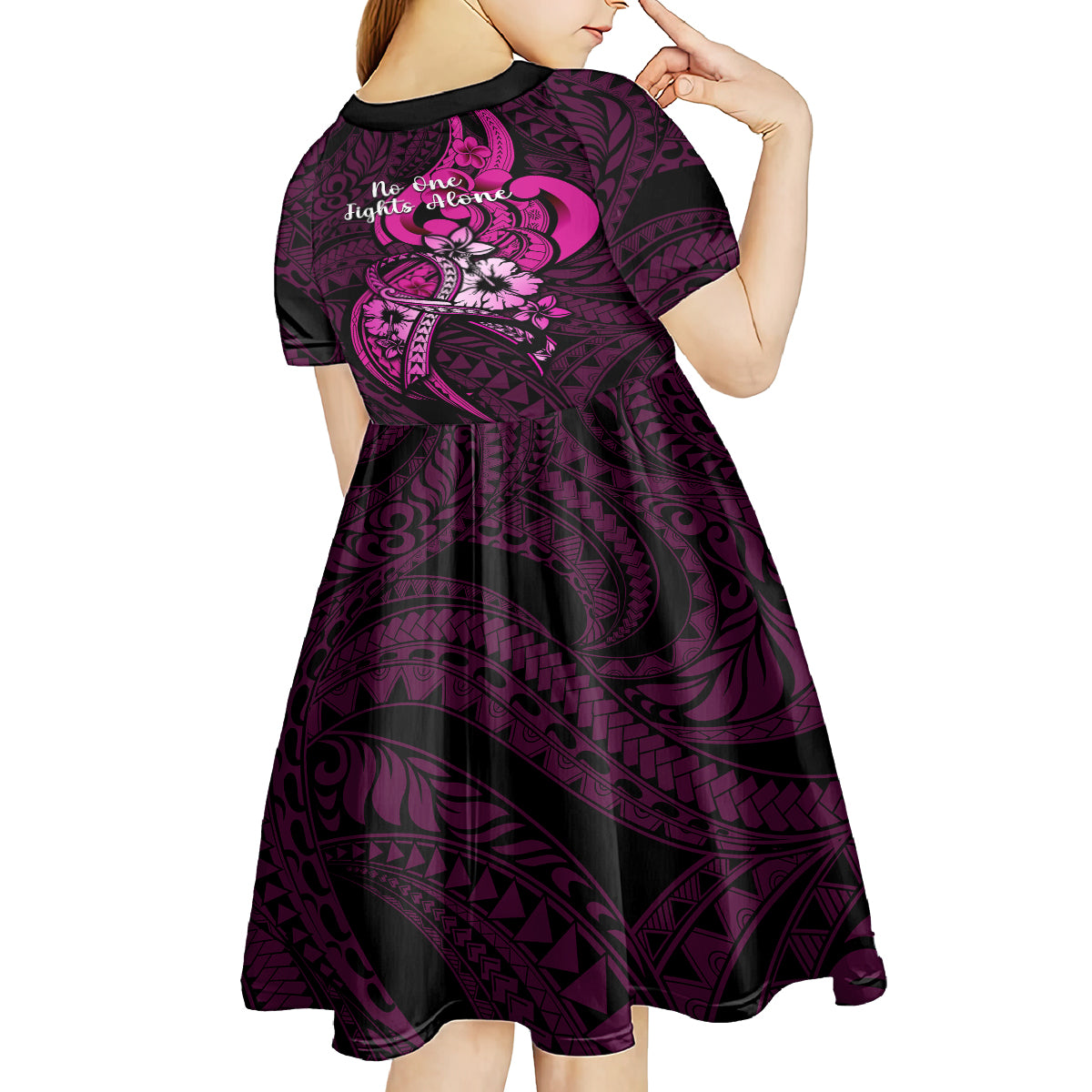 Polynesia Breast Cancer Awareness Kid Short Sleeve Dress Think Pink Polynesian Ribbon Black Version LT14 - Polynesian Pride