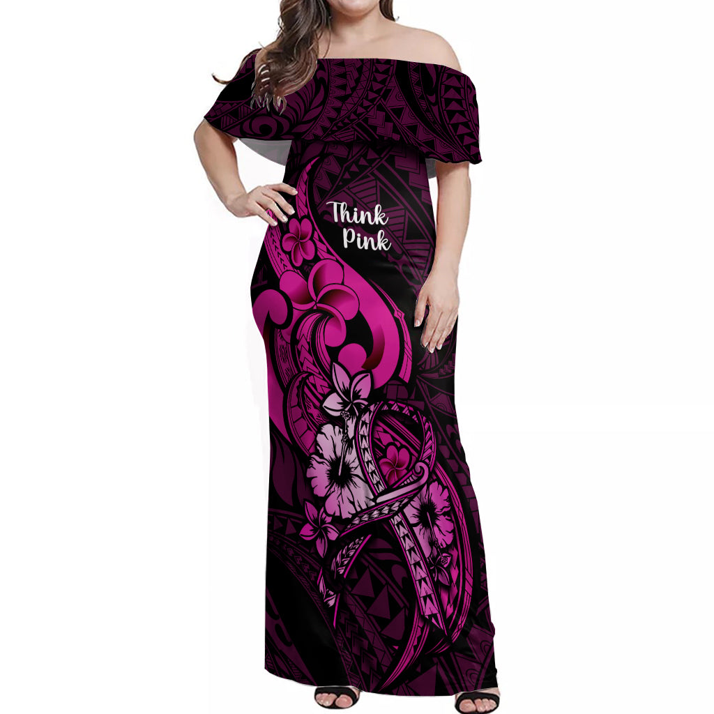 Polynesia Breast Cancer Awareness Off Shoulder Maxi Dress Think Pink Polynesian Ribbon Black Version LT14 Women Pink - Polynesian Pride