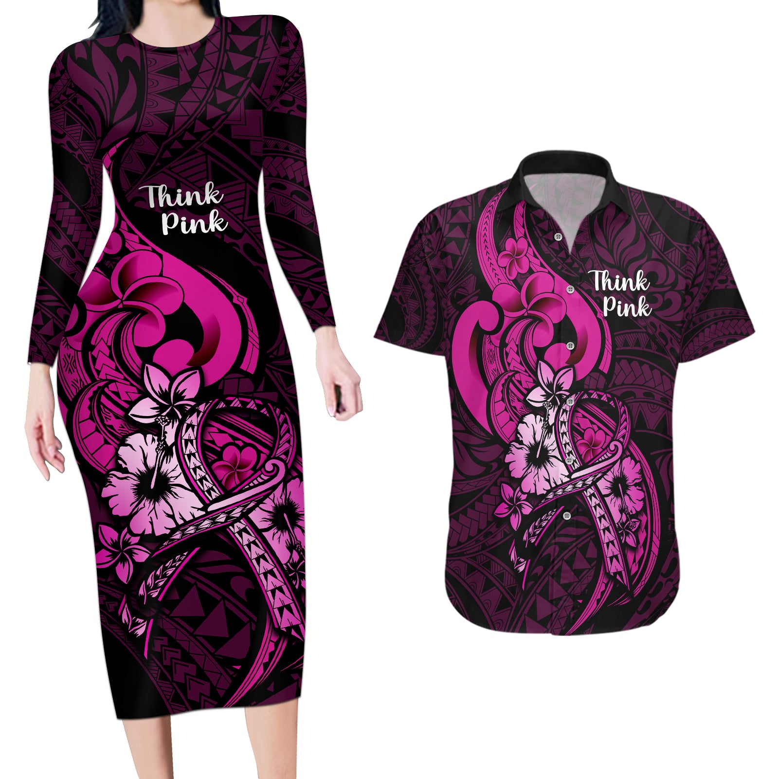 personalised-polynesia-breast-cancer-awareness-couples-matching-long-sleeve-bodycon-dress-and-hawaiian-shirt-think-pink-polynesian-ribbon-black-version