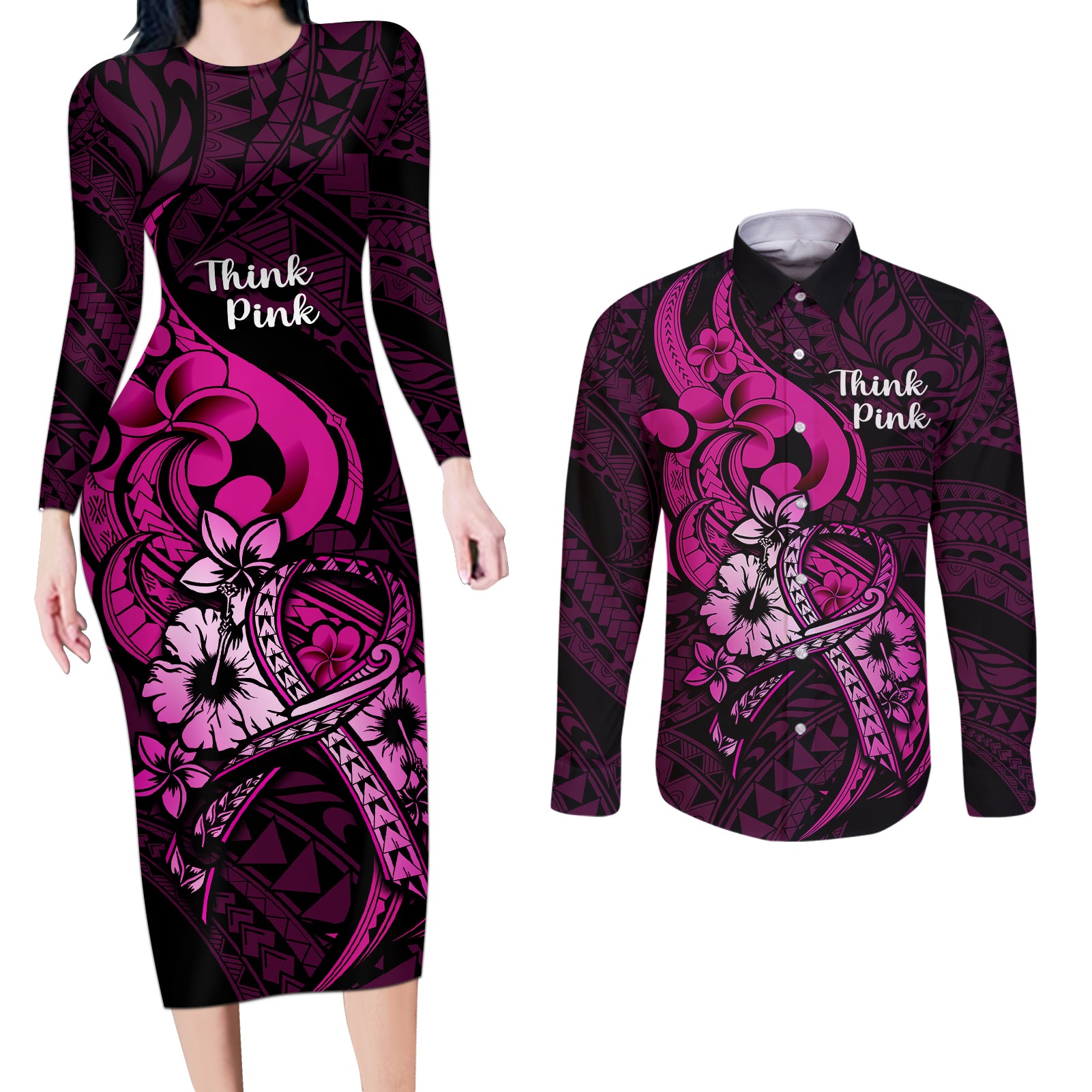 personalised-polynesia-breast-cancer-awareness-couples-matching-long-sleeve-bodycon-dress-and-long-sleeve-button-shirts-think-pink-polynesian-ribbon-black-version