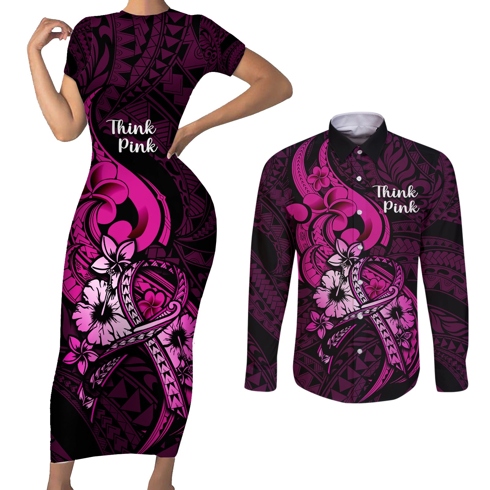 personalised-polynesia-breast-cancer-awareness-couples-matching-short-sleeve-bodycon-dress-and-long-sleeve-button-shirts-think-pink-polynesian-ribbon-black-version