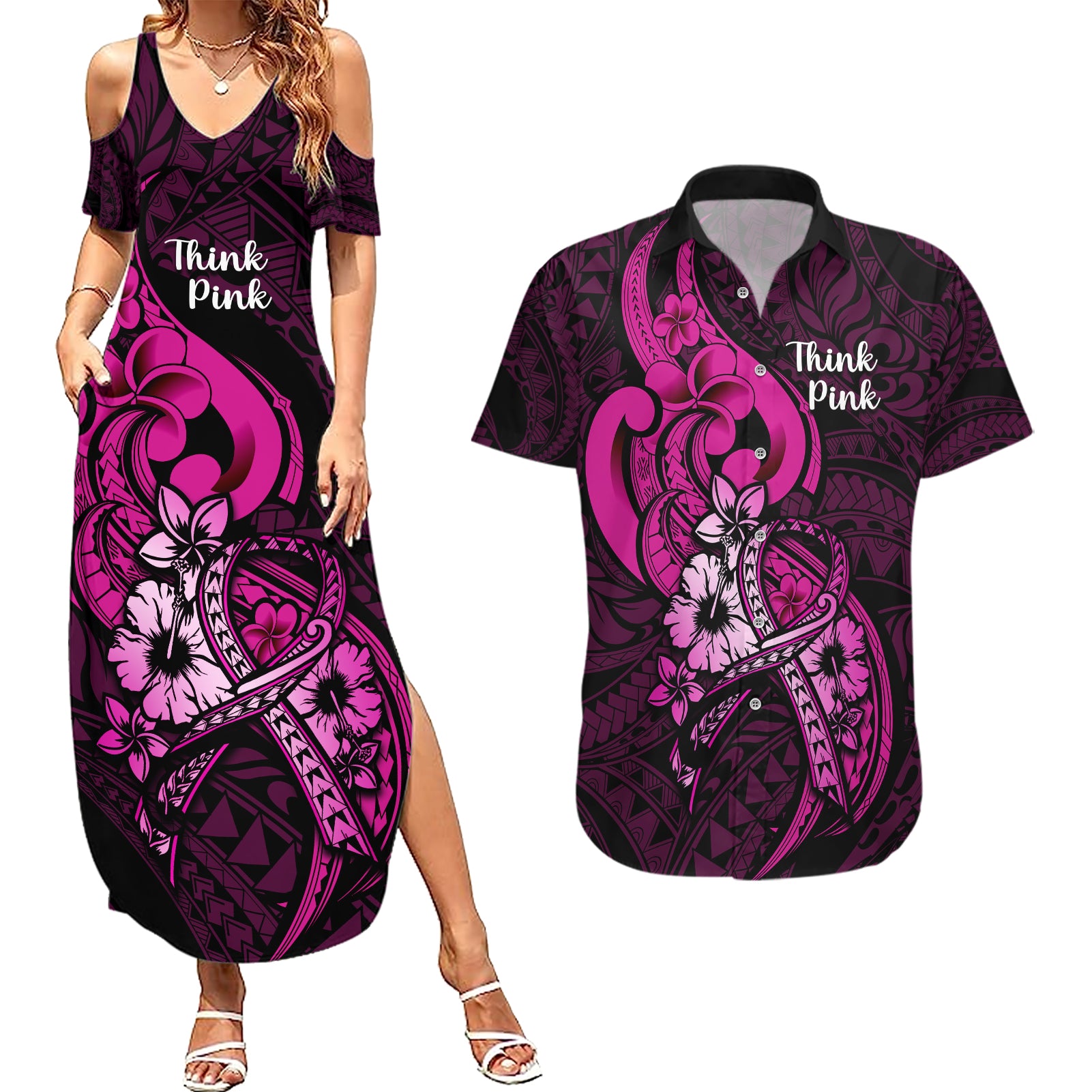 personalised-polynesia-breast-cancer-awareness-couples-matching-summer-maxi-dress-and-hawaiian-shirt-think-pink-polynesian-ribbon-black-version