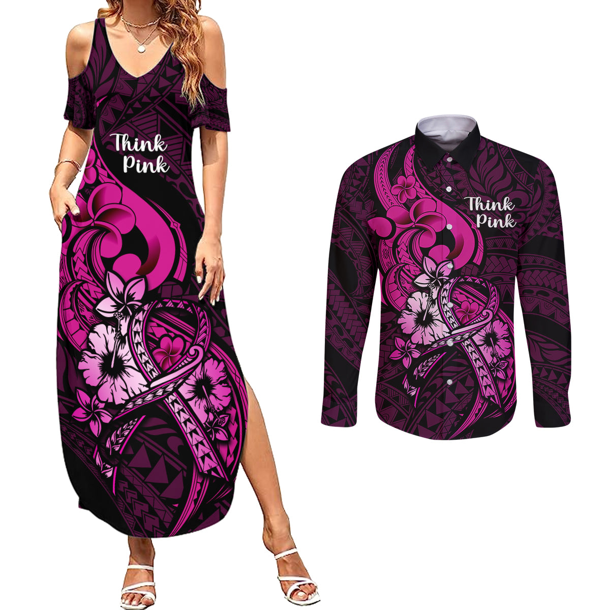 personalised-polynesia-breast-cancer-awareness-couples-matching-summer-maxi-dress-and-long-sleeve-button-shirts-think-pink-polynesian-ribbon-black-version