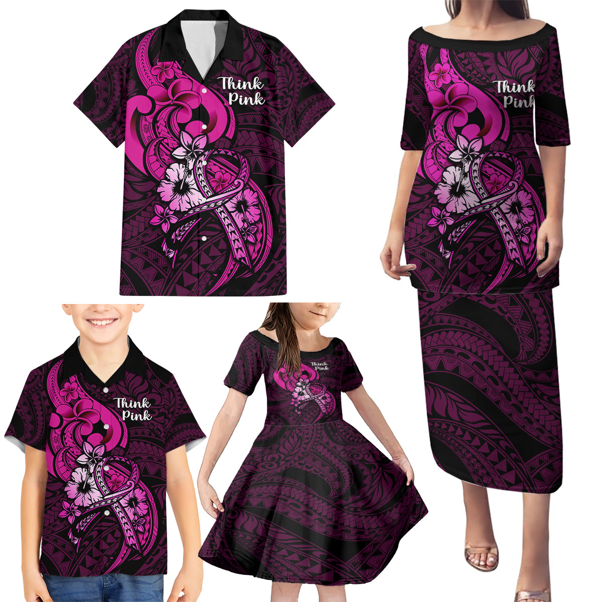 Personalised Polynesia Breast Cancer Awareness Family Matching Puletasi Dress and Hawaiian Shirt Think Pink Polynesian Ribbon Black Version LT14 - Polynesian Pride