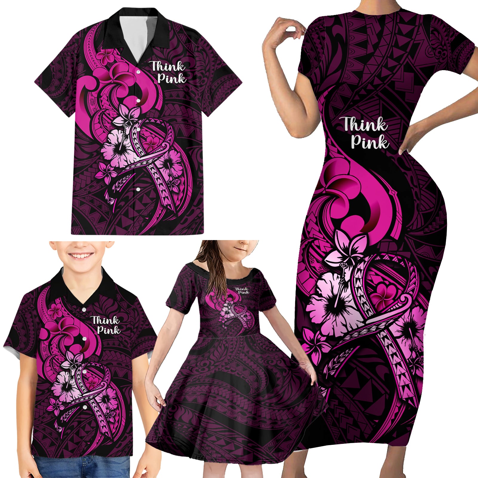 personalised-polynesia-breast-cancer-awareness-family-matching-short-sleeve-bodycon-dress-and-hawaiian-shirt-think-pink-polynesian-ribbon-black-version