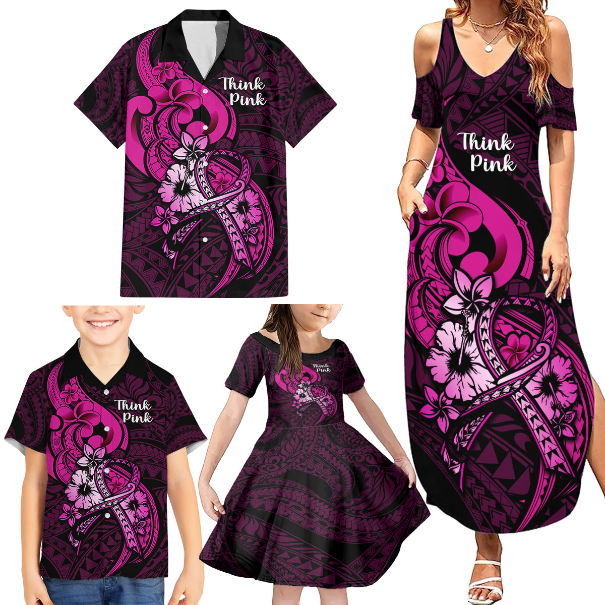 personalised-polynesia-breast-cancer-awareness-family-matching-summer-maxi-dress-and-hawaiian-shirt-think-pink-polynesian-ribbon-black-version