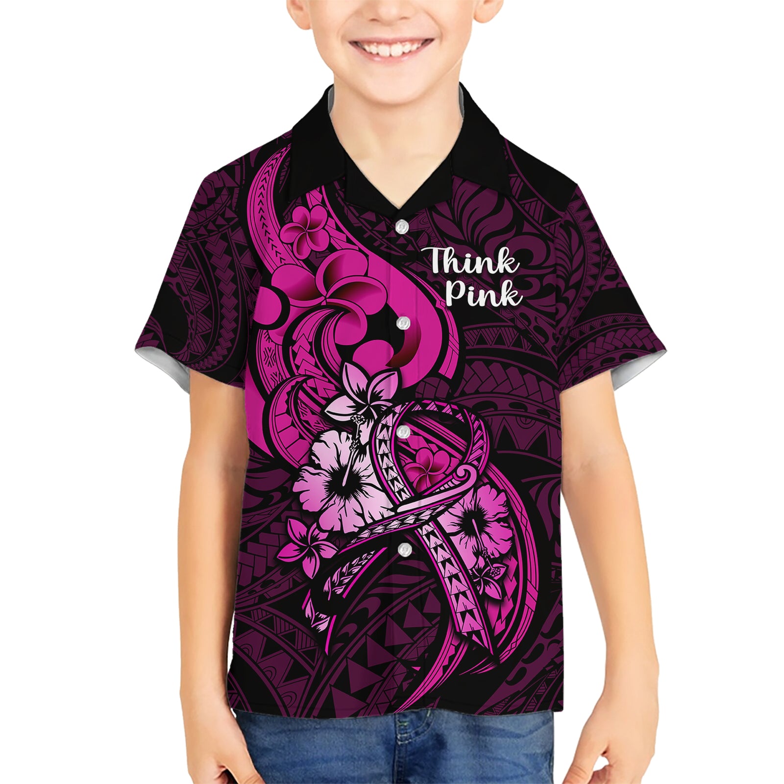 Personalised Polynesia Breast Cancer Awareness Kid Hawaiian Shirt Think Pink Polynesian Ribbon Black Version LT14 Kid Pink - Polynesian Pride