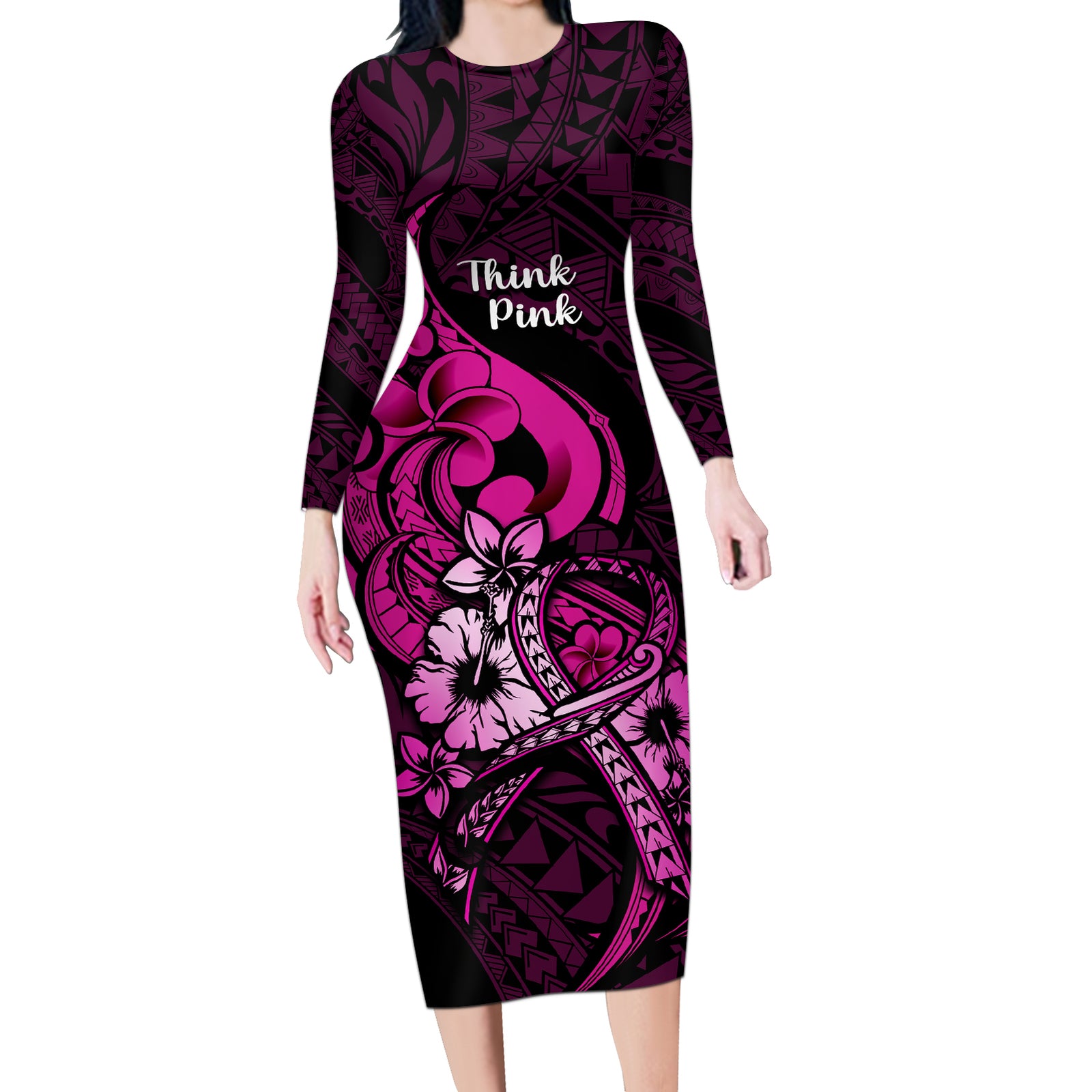 Personalised Polynesia Breast Cancer Awareness Long Sleeve Bodycon Dress Think Pink Polynesian Ribbon Black Version LT14 Long Dress Pink - Polynesian Pride