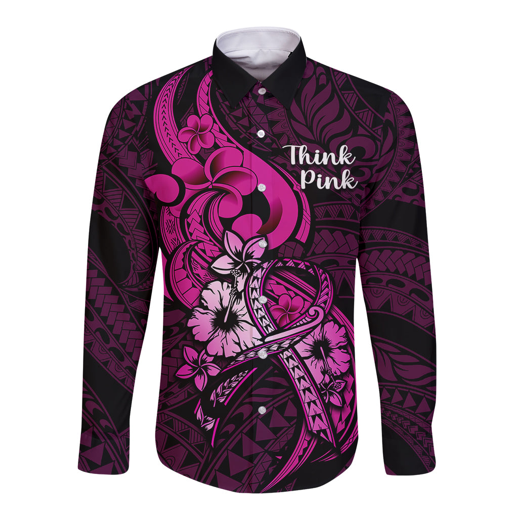 Personalised Polynesia Breast Cancer Awareness Long Sleeve Button Shirt Think Pink Polynesian Ribbon Black Version LT14 Unisex Pink - Polynesian Pride