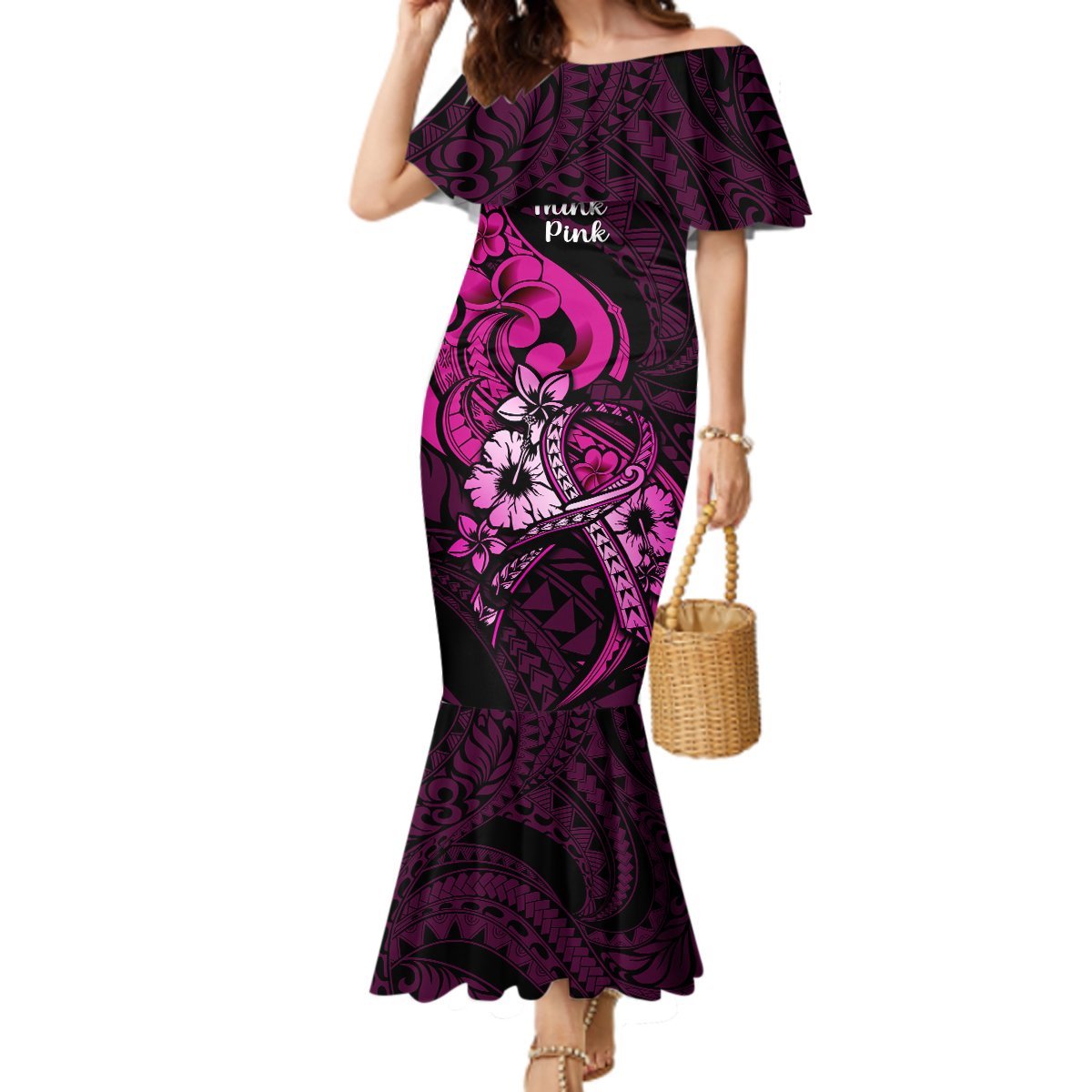 Personalised Polynesia Breast Cancer Awareness Mermaid Dress Think Pink Polynesian Ribbon Black Version LT14 Women Pink - Polynesian Pride