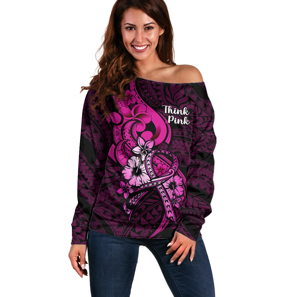 Personalised Polynesia Breast Cancer Awareness Off Shoulder Sweater Think Pink Polynesian Ribbon Black Version LT14 Women Pink - Polynesian Pride