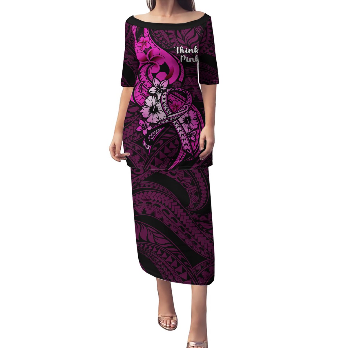 Personalised Polynesia Breast Cancer Awareness Puletasi Think Pink Polynesian Ribbon Black Version LT14 Long Dress Pink - Polynesian Pride