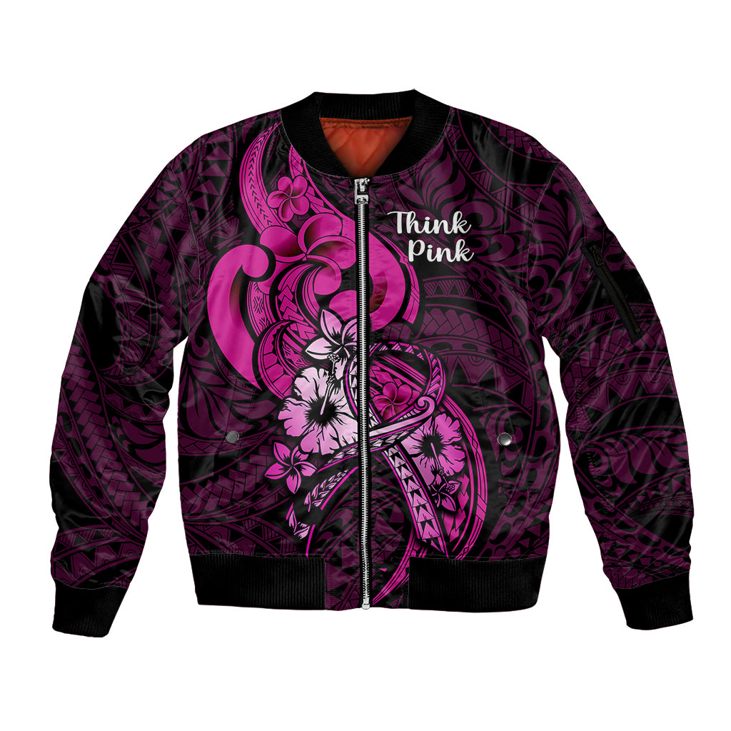 Personalised Polynesia Breast Cancer Awareness Sleeve Zip Bomber Jacket Think Pink Polynesian Ribbon Black Version LT14 Unisex Pink - Polynesian Pride